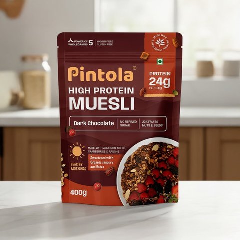 Pintola High Protein Muesli With Dark Chocolate & Cranberry 24g Protein, No Refined Sugar